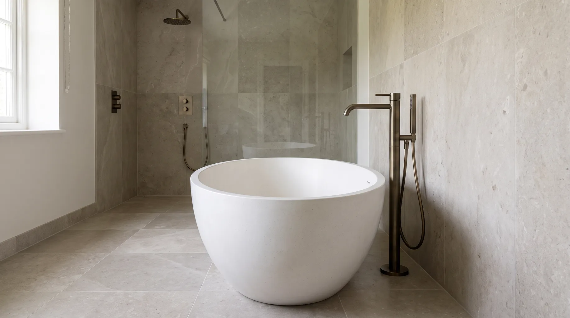 Finished high-end bathroom with a freestanding bath and sculptural floor-standing bath filler