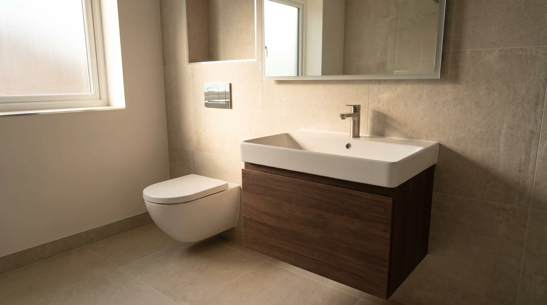 Finished bathroom with a wall-hung WC and a thin-rimmed DuraCeram-style basin on floating vanity furniture