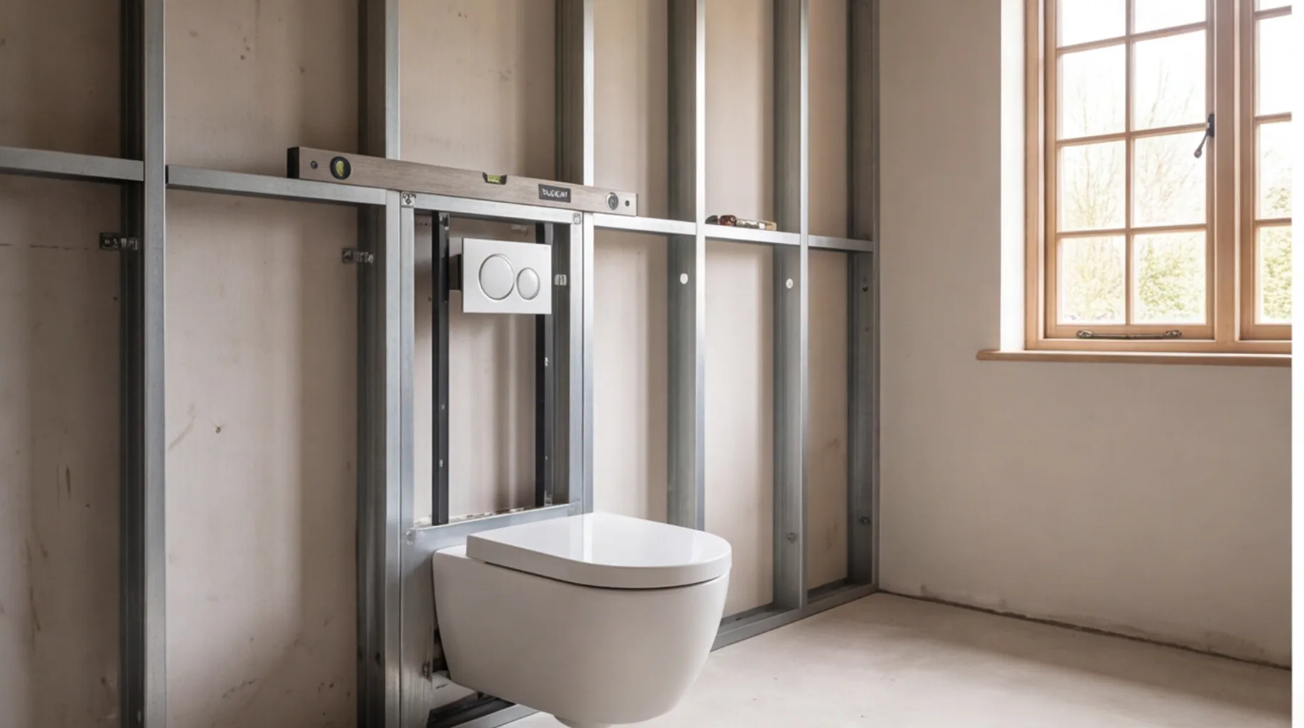 Wall-hung WC installation mid-fit with carrier frame visible before boarding