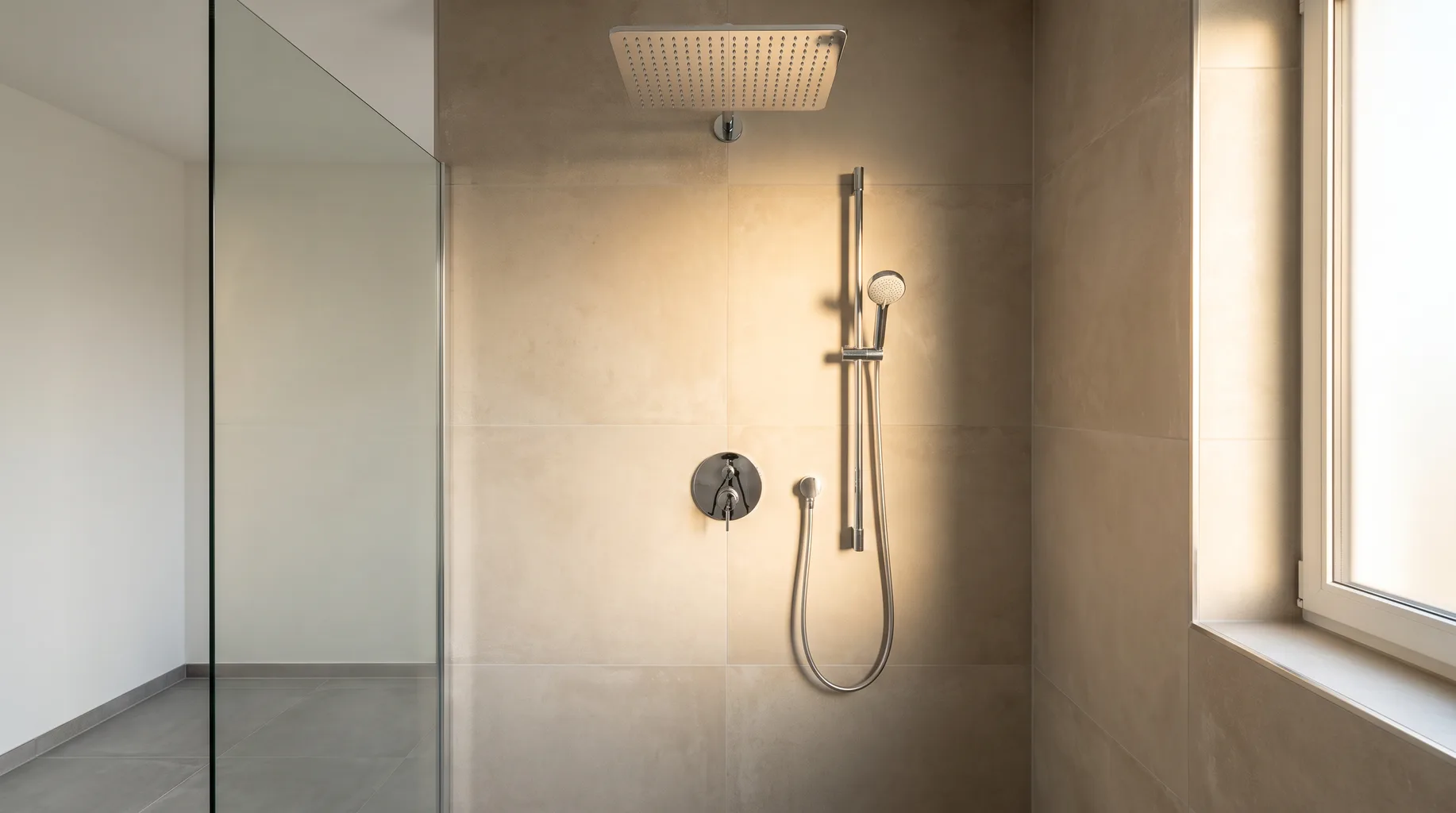 Finished bathroom shower enclosure with a concealed thermostatic valve and overhead rainfall shower head