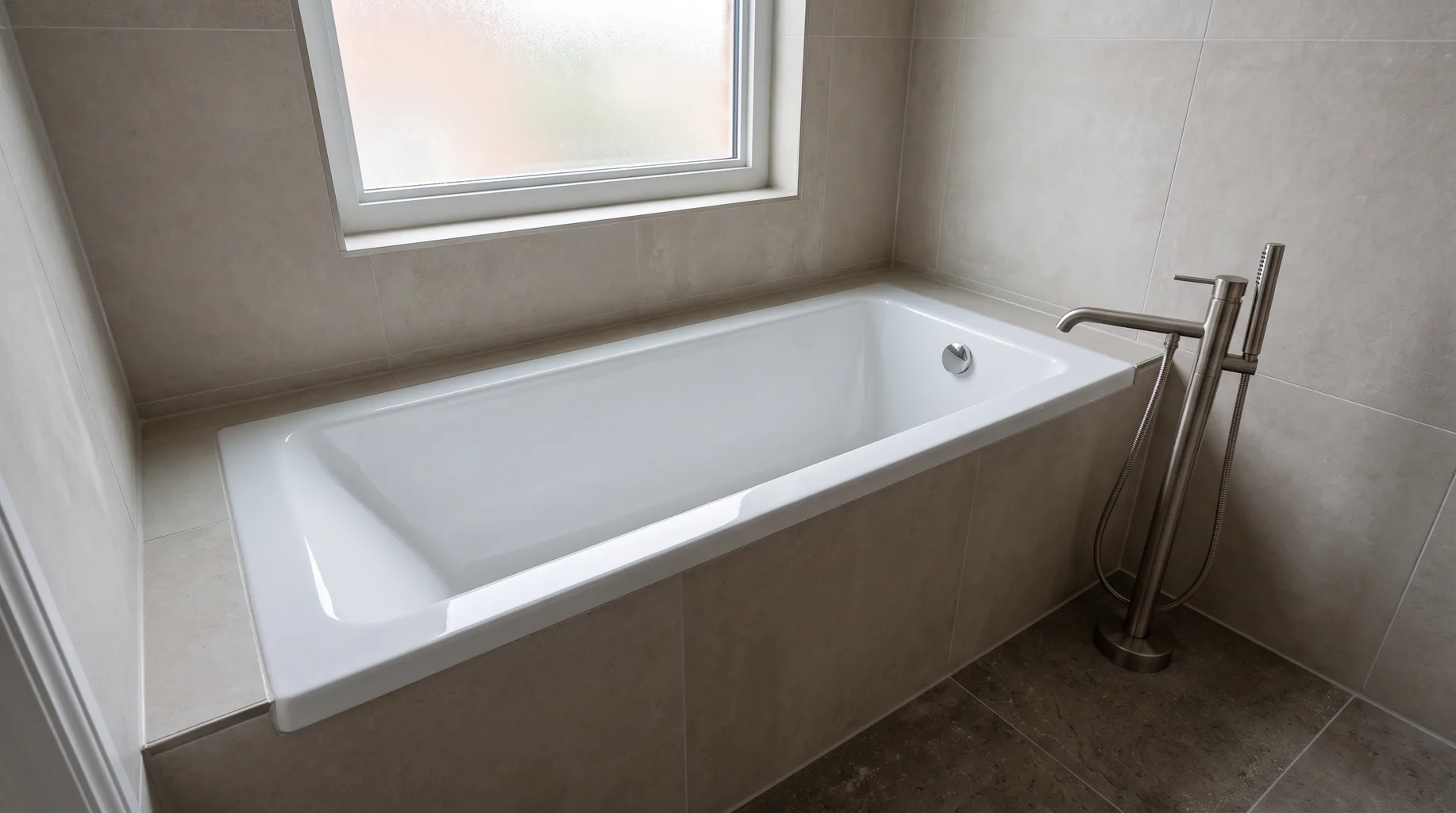 Finished bathroom with a built-in glossy steel-enamel bath and floor-standing bath filler