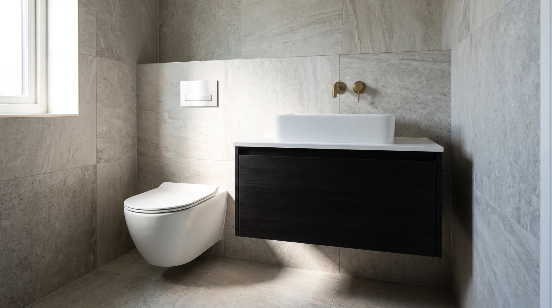 Wall-hung Kohler WC and vanity basin with matching brassware in a finished contemporary bathroom
