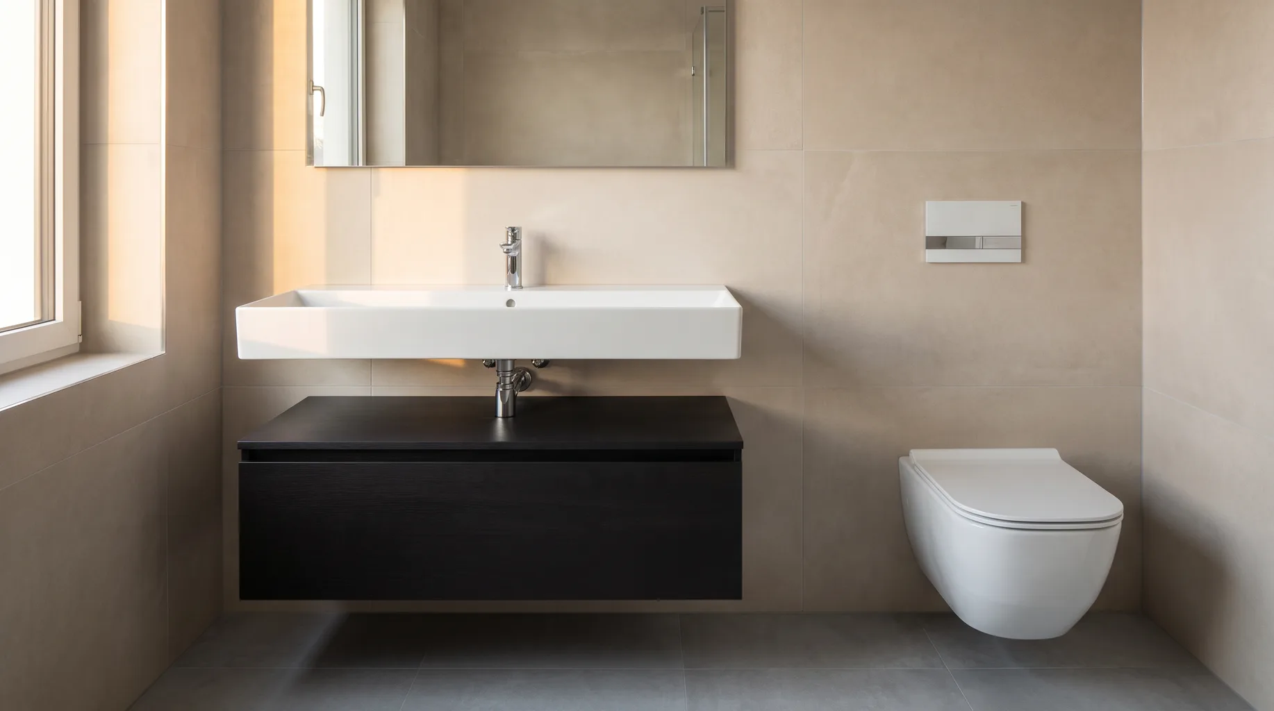 Finished bathroom with a fine-rimmed SaphirKeramik-style wall-hung basin and matching WC