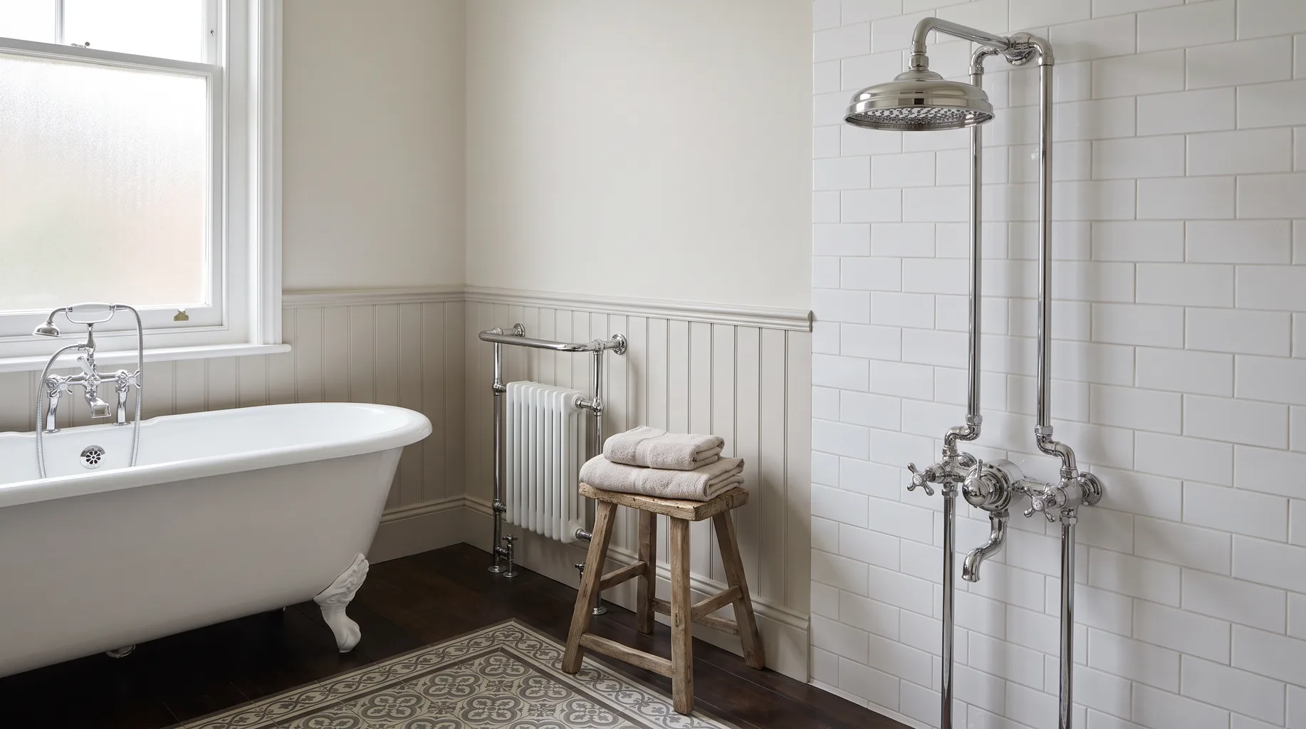 Traditional Lefroy Brooks exposed shower valve and chrome pipework beside a roll-top style bath