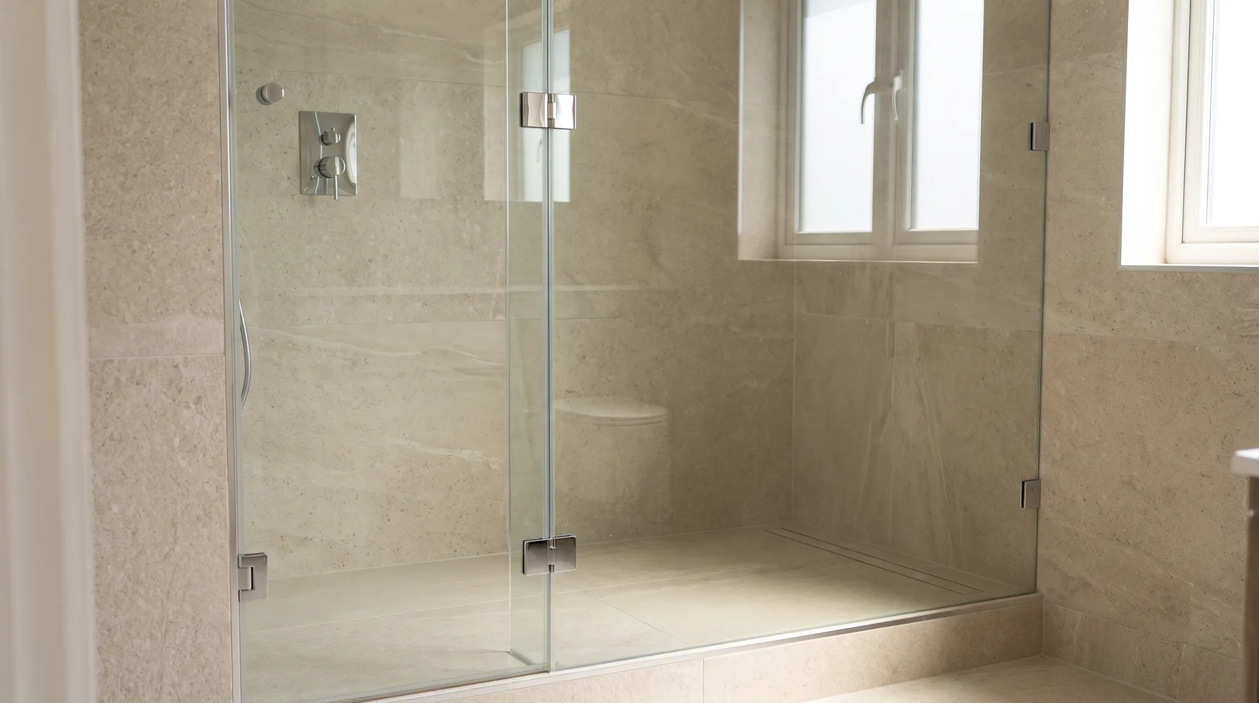 Frameless Matki glass shower enclosure with minimal wall clamps in a finished bathroom
