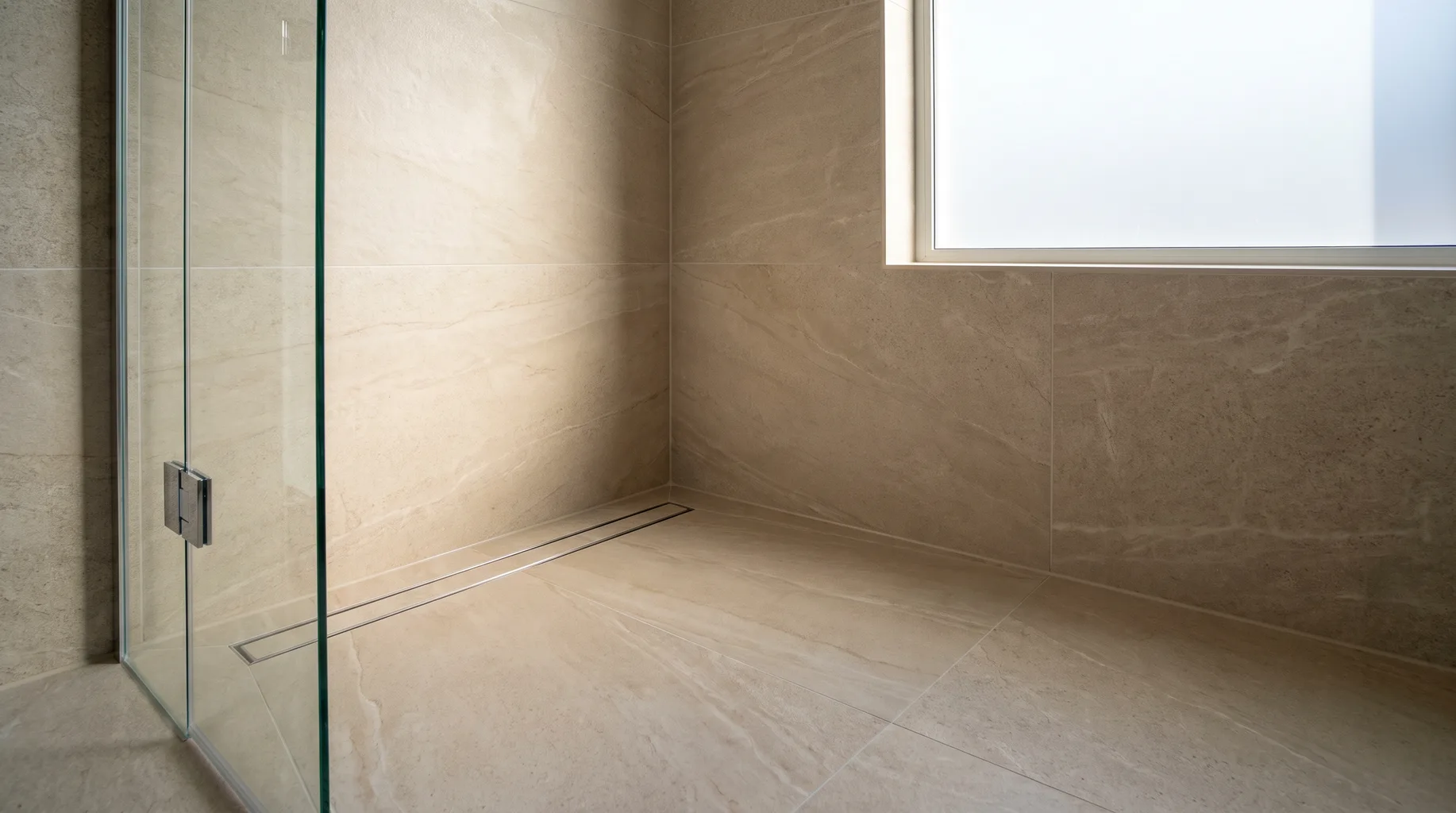 Large-format Porcelanosa porcelain tiling running continuously from floor to wall in a finished wet room