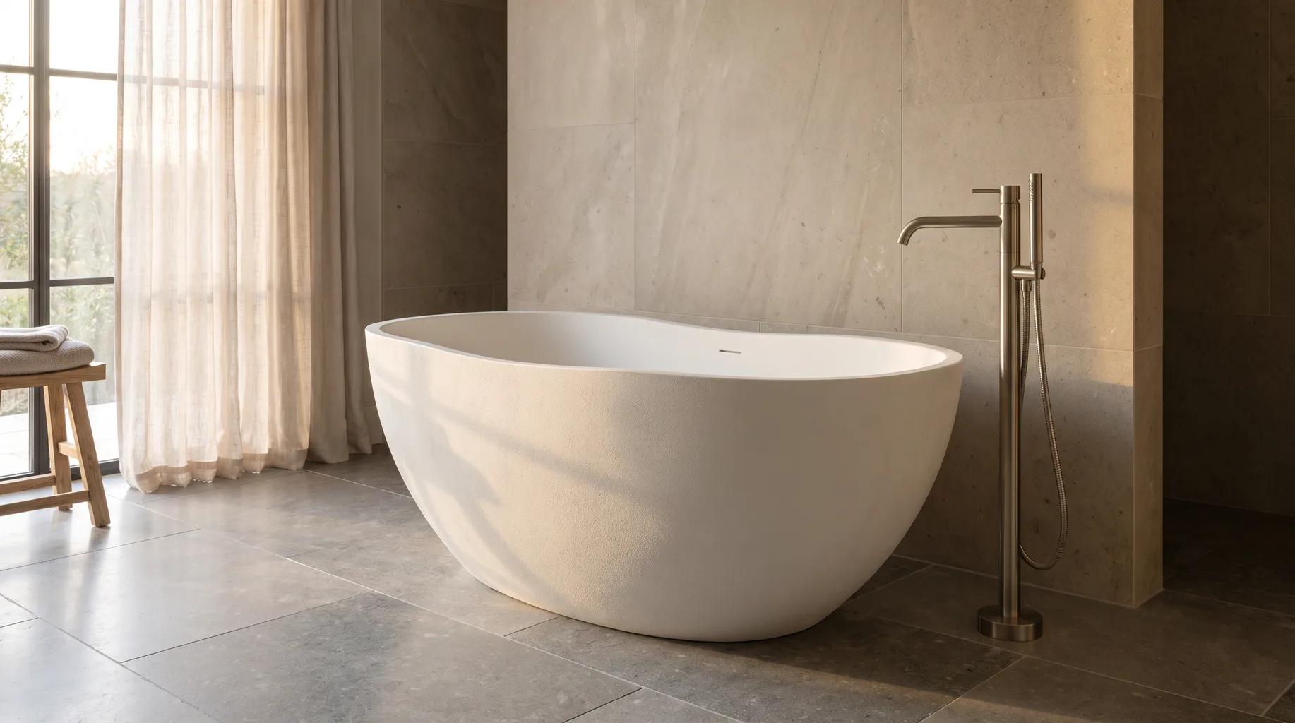 Freestanding Victoria + Albert stone-resin bath positioned centrally in a finished luxury bathroom