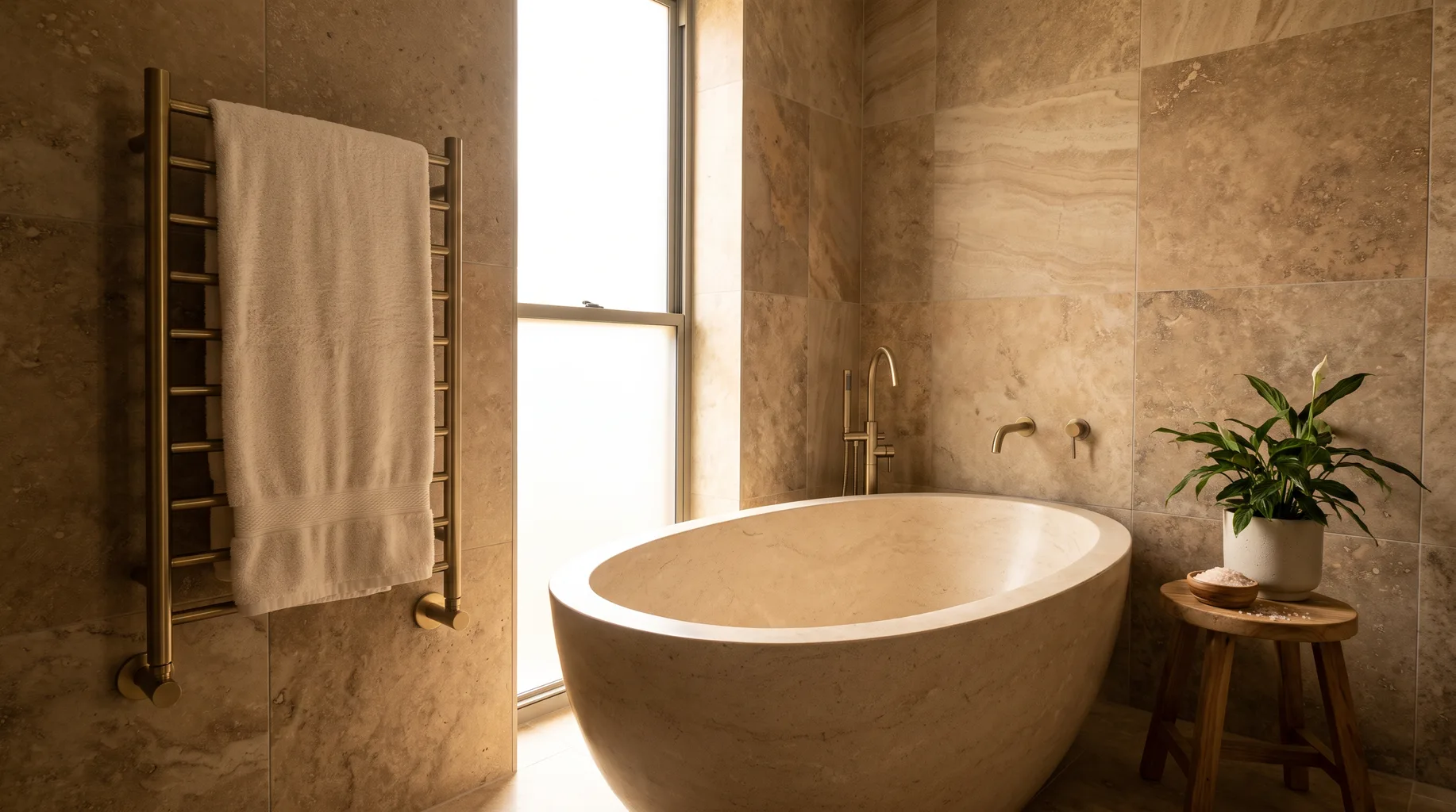 Warm finished luxury bathroom with freestanding bath beside a window and a brushed brass towel rail