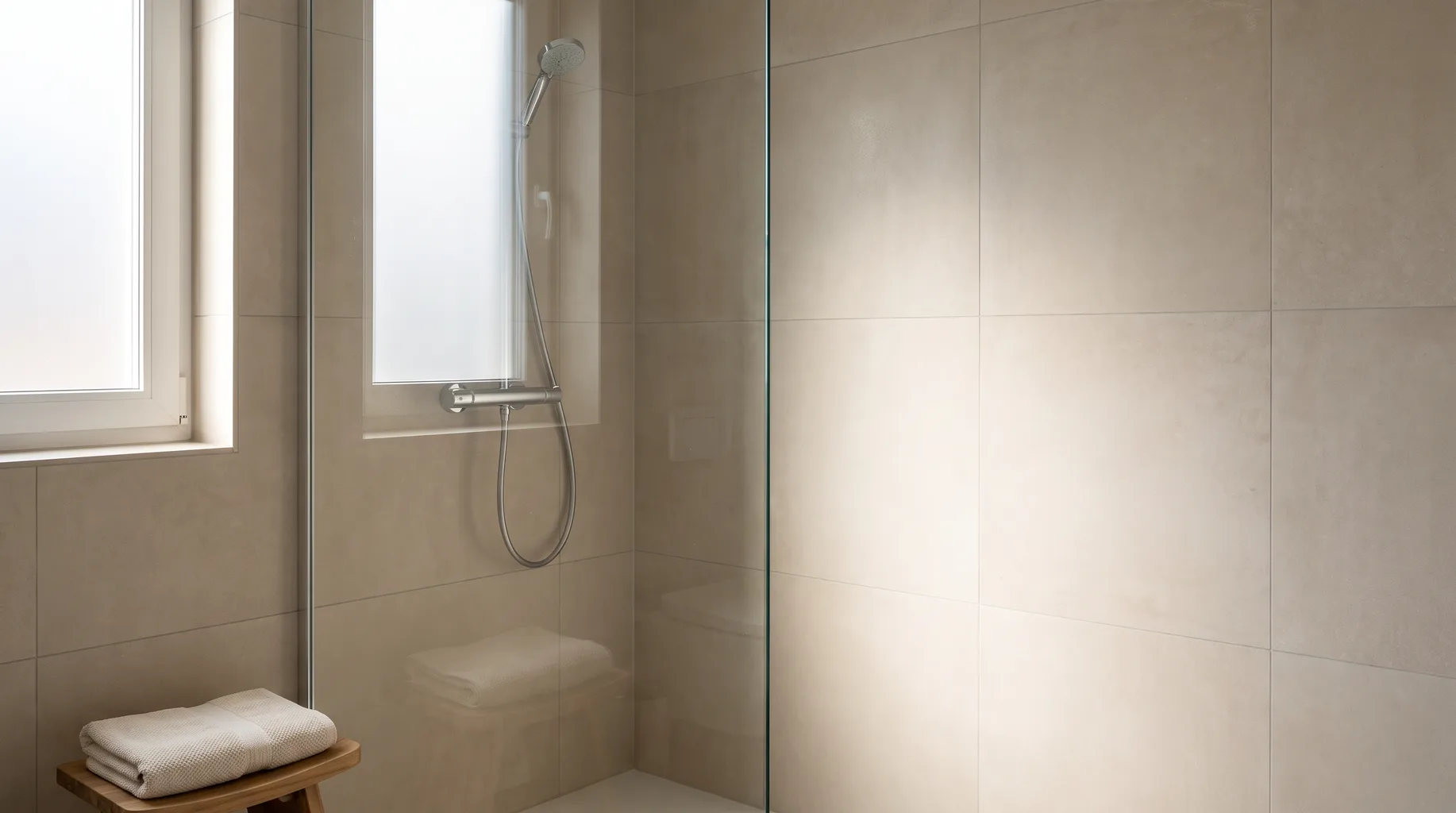 Simple finished shower enclosure with glass screen and chrome mixer shower