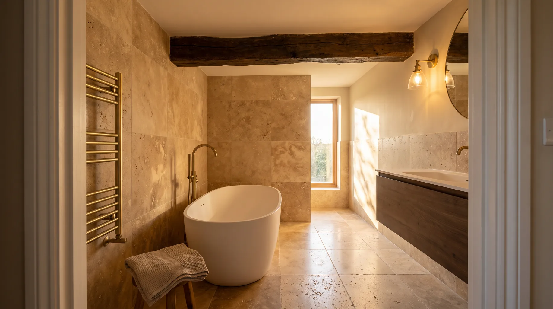 Finished Binfield farmhouse-style ensuite with a freestanding bath beneath an exposed beam, travertine tiling and a brushed brass bath filler