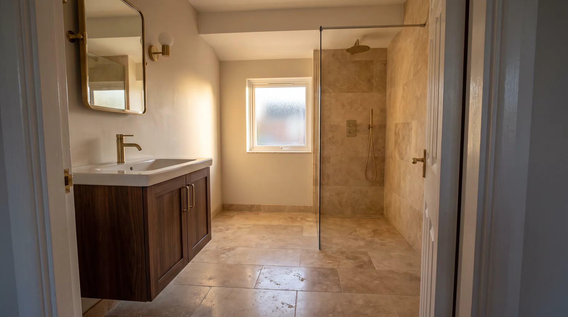 A finished Bracknell bathroom inside a modernised 1970s semi, with a walnut-fronted vanity, travertine floor and brushed brass fittings, walk-in shower visible across the room in warm late-afternoon light.