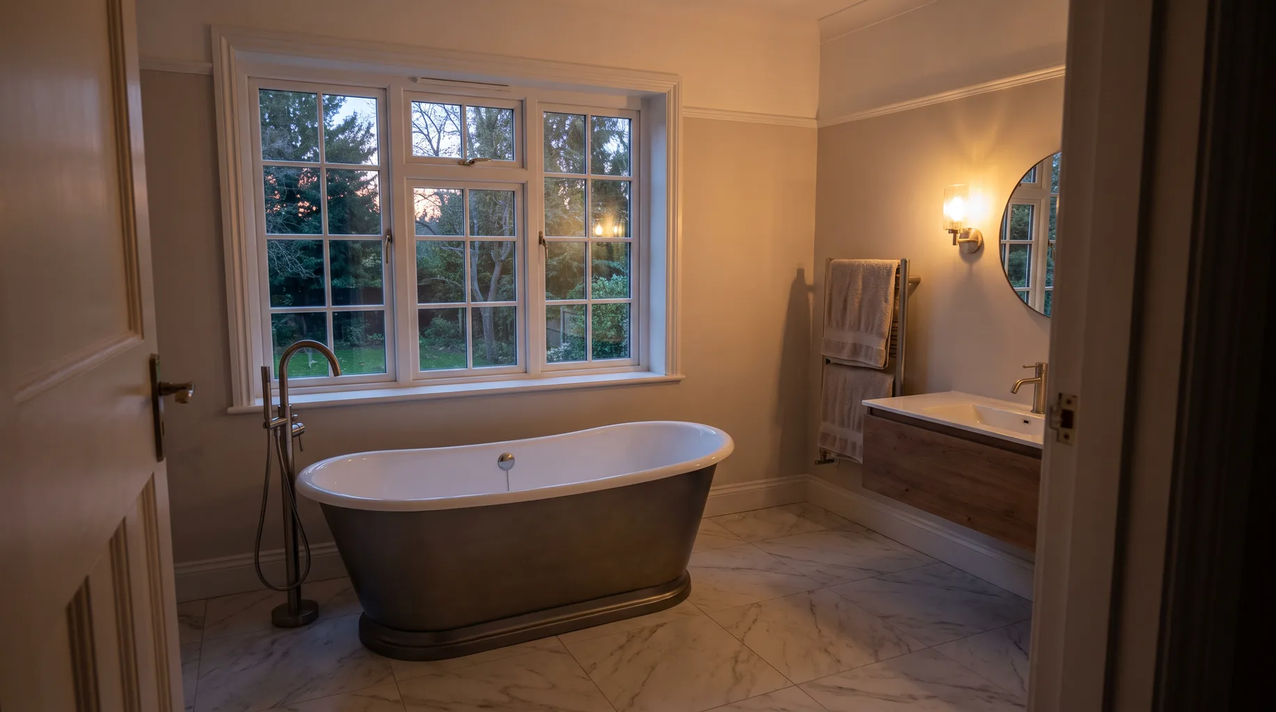 A finished Camberley bathroom with a free-standing bath beneath a wide window, Carrara marble-effect floor and brushed nickel fittings, inside an inter-war detached house with warm evening light.