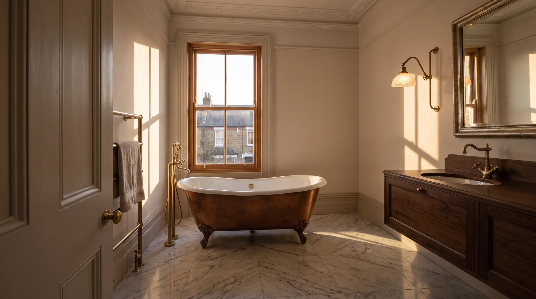 Finished Victorian-era Crowthorne bathroom with a freestanding roll-top bath beneath a sash window, Carrara marble flooring and a brushed brass bath filler