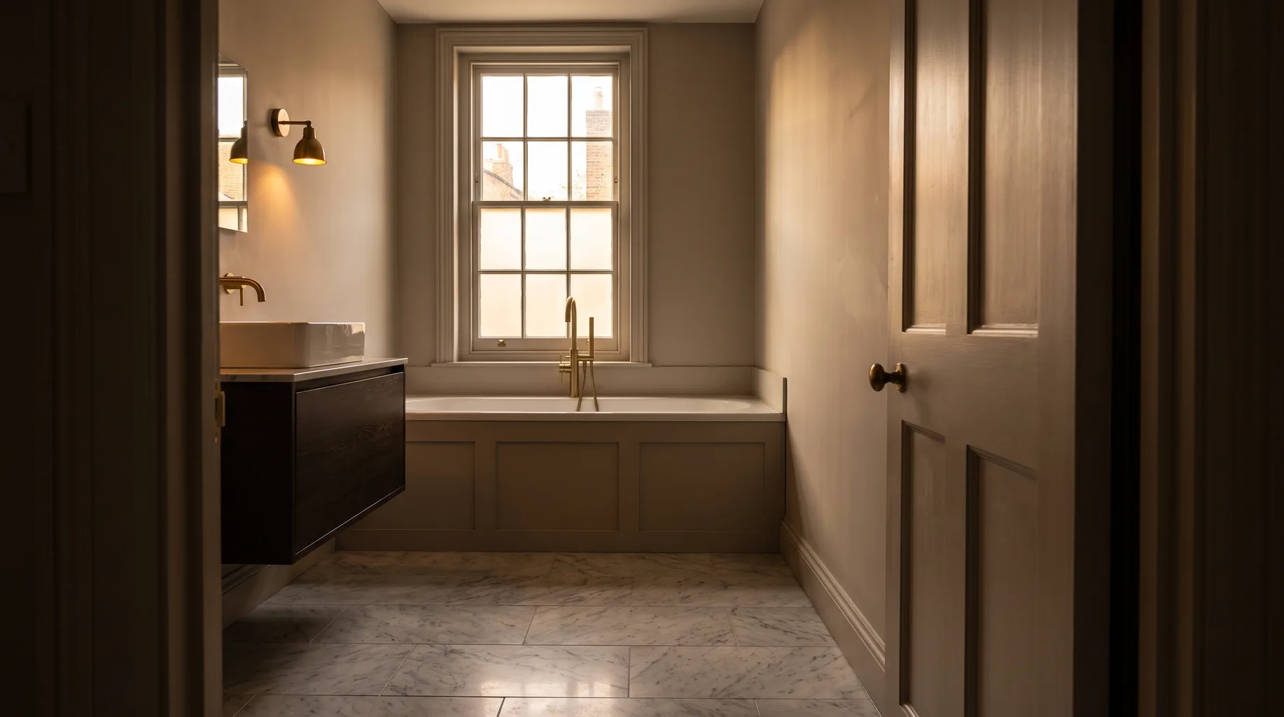 A finished compact Eton bathroom with a built-in bath beneath a narrow sash window, Carrara marble floor tiles and brushed brass fittings, wall-hung vanity visible in warm evening light.