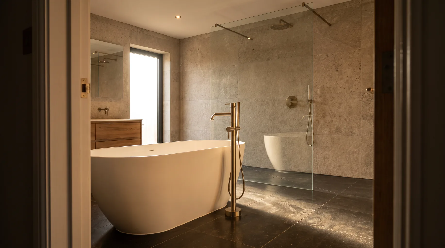 A finished Gerrards Cross family bathroom with a freestanding bath, dark honed basalt floor and brushed brass fittings, walk-in shower visible beyond in warm late-afternoon light.