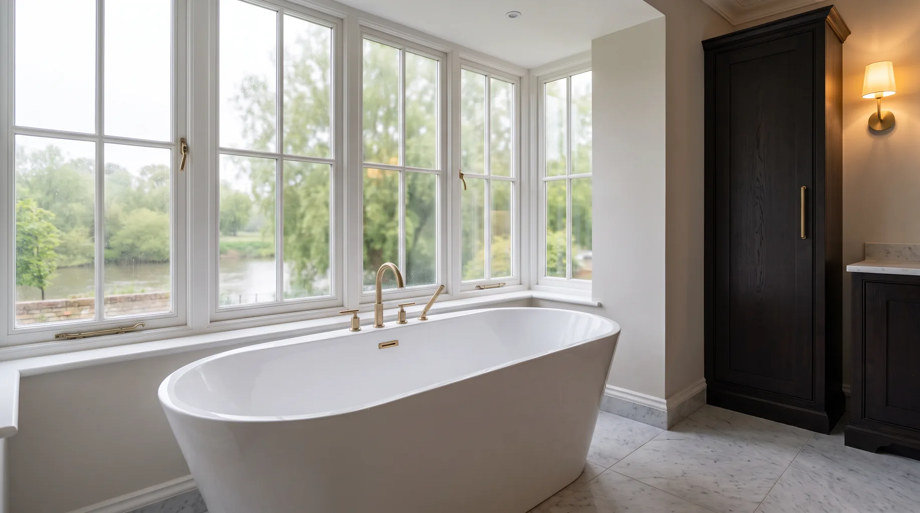 A finished Maidenhead bathroom with a long freestanding bath beneath a window, honed Carrara marble floor and brushed brass fittings, soft overcast daylight filling the room.