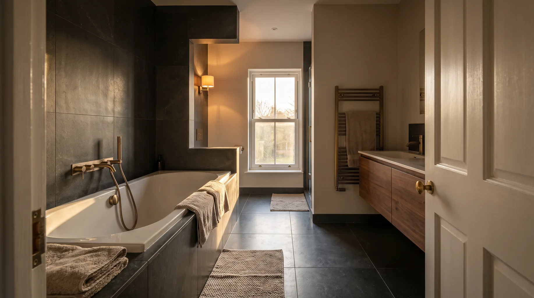 A finished Reading bathroom in a larger detached house with a dark anthracite stone alcove bath, walnut timber vanity and brushed bronze fittings, warm low-angle afternoon light filling the room.