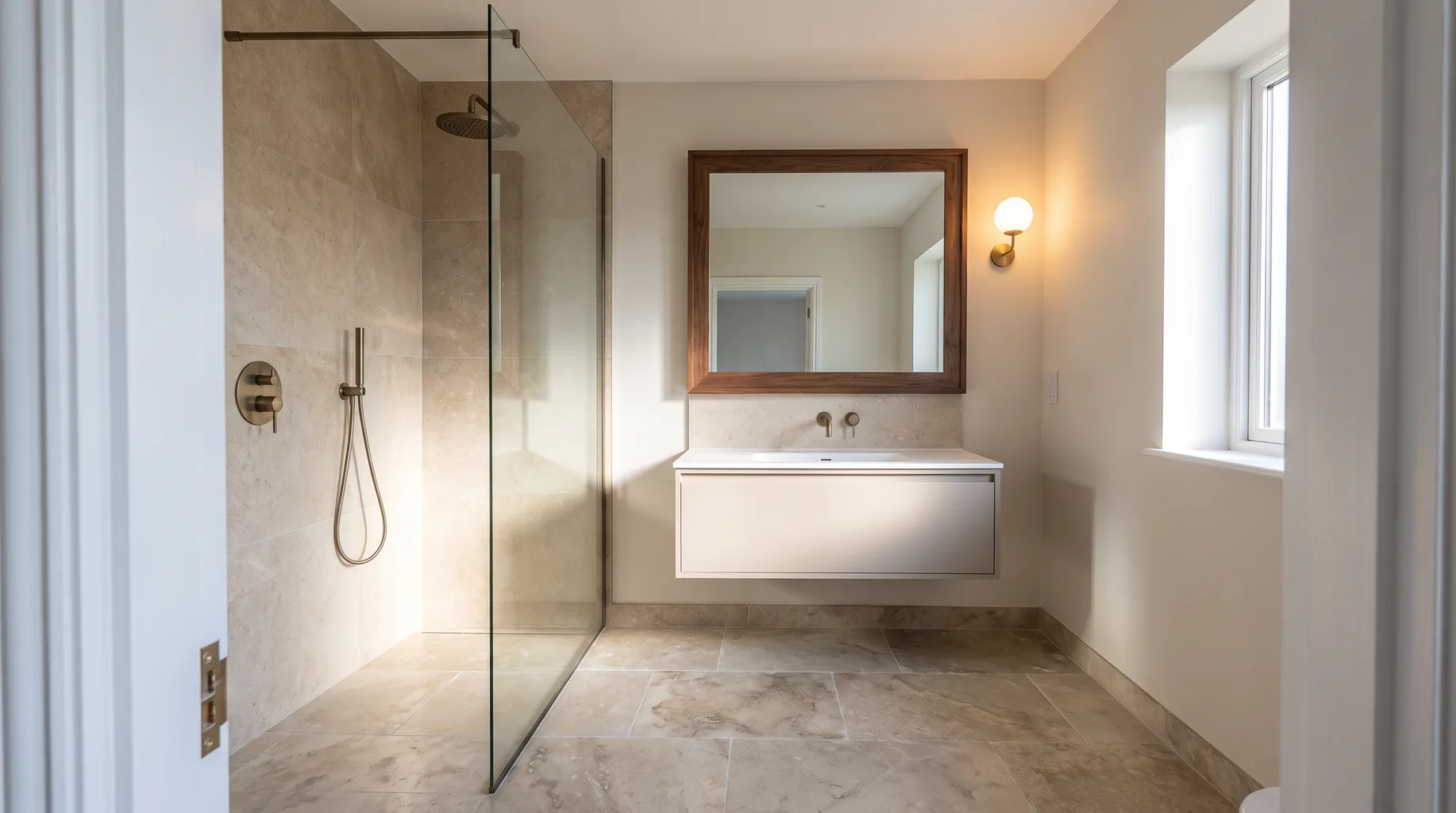 A finished Sandhurst family bathroom with a wall-hung vanity, honed limestone floor and brushed bronze fittings, walk-in shower visible beside it in bright midday light.