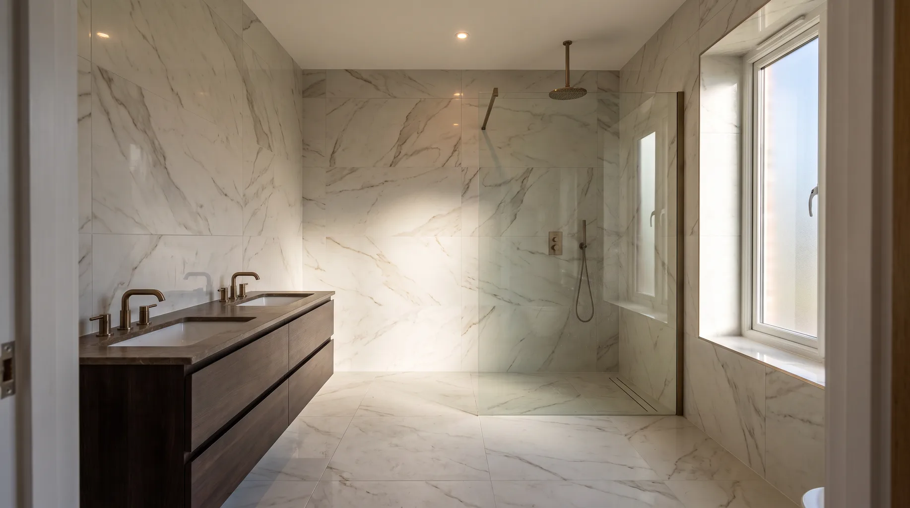 A finished Stoke Poges principal en-suite with a double vanity, Calacatta marble-effect tiling and brushed bronze fittings, wet room shower area visible beyond in soft mid-morning light.