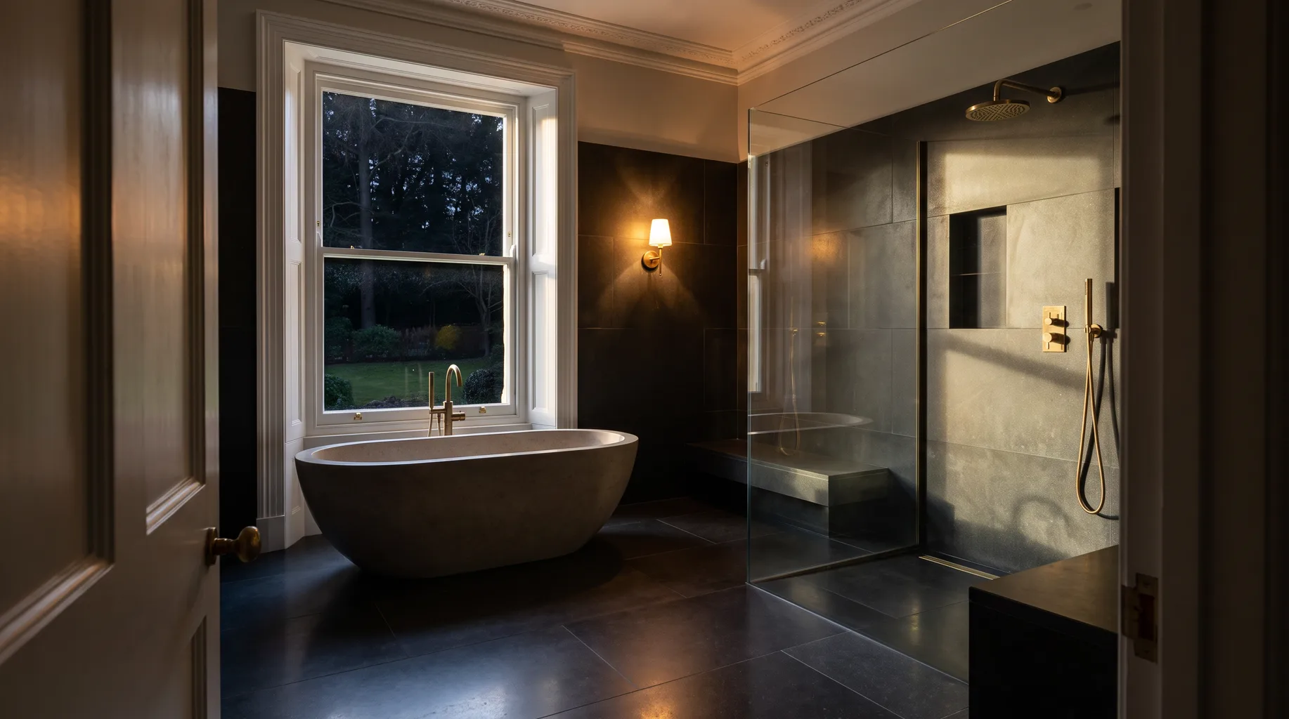 A finished Sunningdale bathroom with a freestanding bath beside a sash window, honed dark basalt floor and brushed brass fittings, walk-in shower enclosure visible beyond a glass partition in fading evening light.