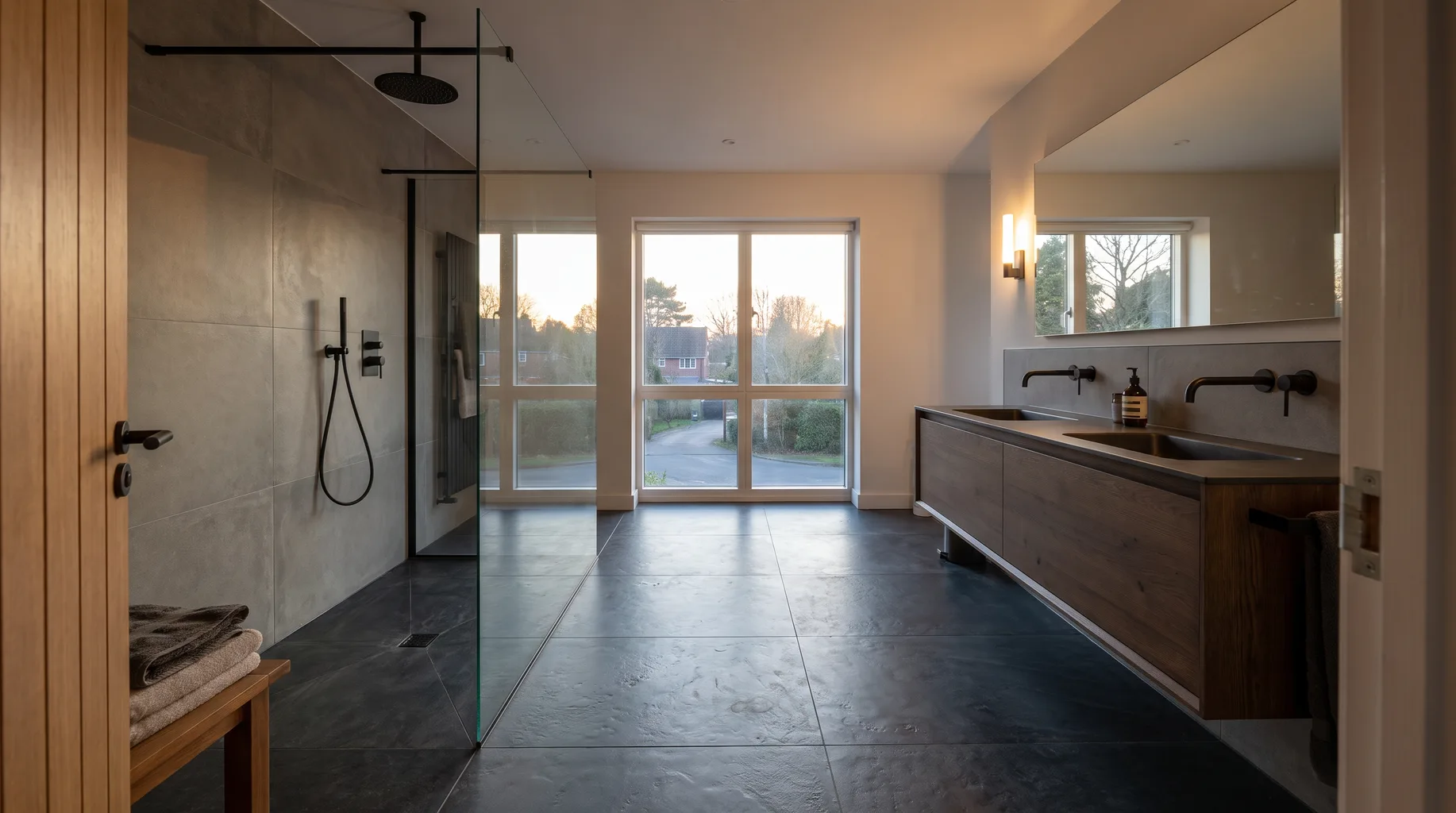 A finished Twyford bathroom with a large walk-in shower and floating double vanity, dark basalt-effect floor tiles and matte black fittings, inside a newer commuter-belt house with warm evening light.