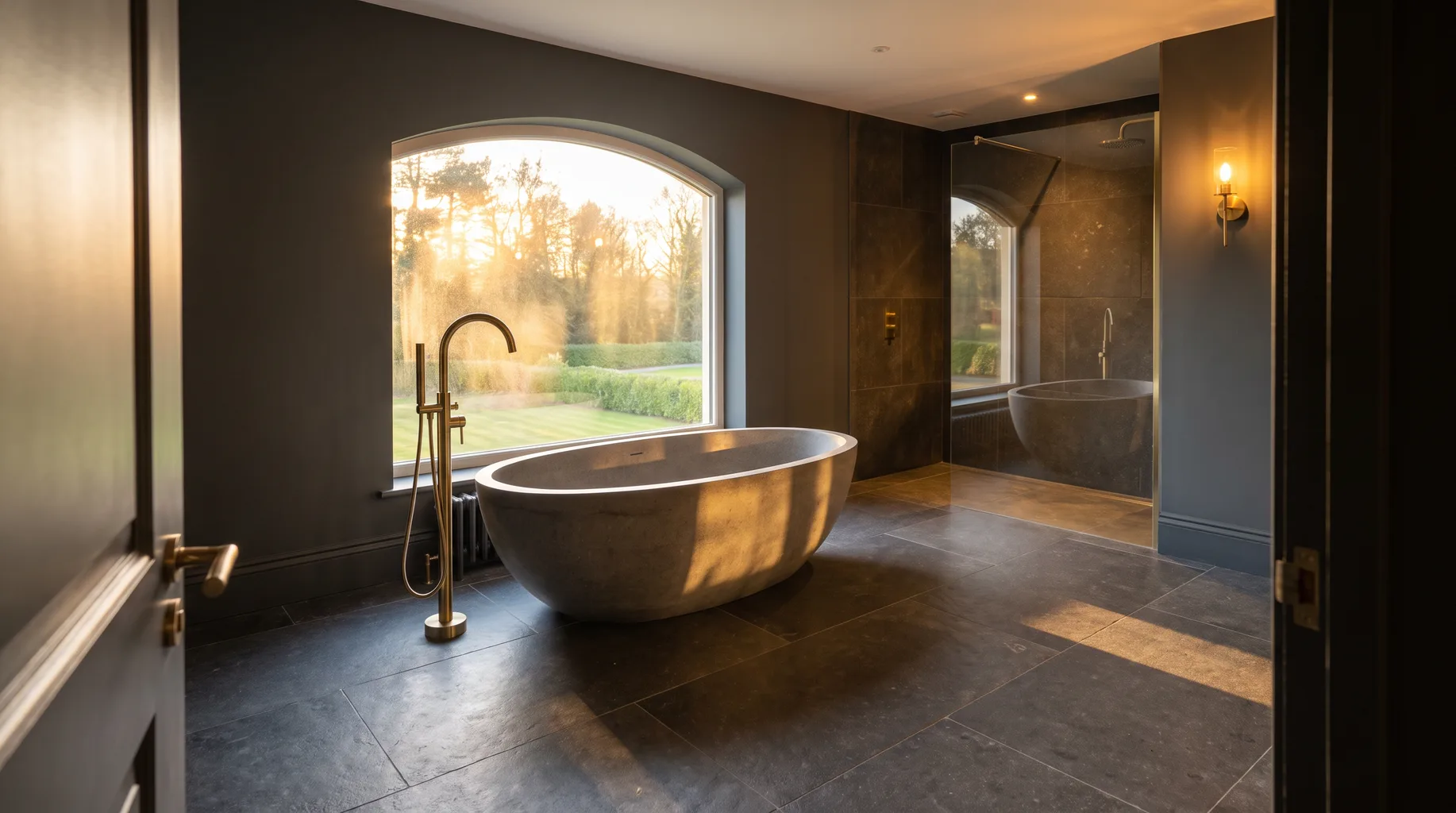 A finished Wentworth Estate primary en-suite with a dark basalt stone floor, freestanding stone bath and brushed brass floor-mounted filler, warm evening light through a wide window.