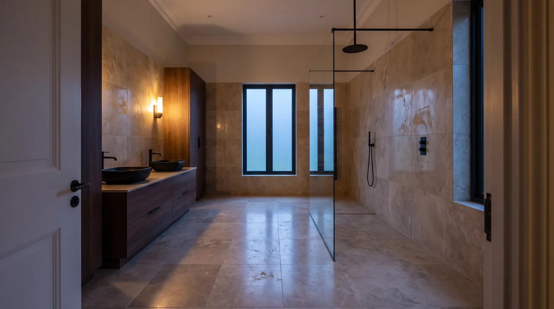 A finished Windlesham principal bathroom with a long double vanity, honed travertine tiling and a matte black walk-in wet room shower visible beyond, in fading early-evening light.