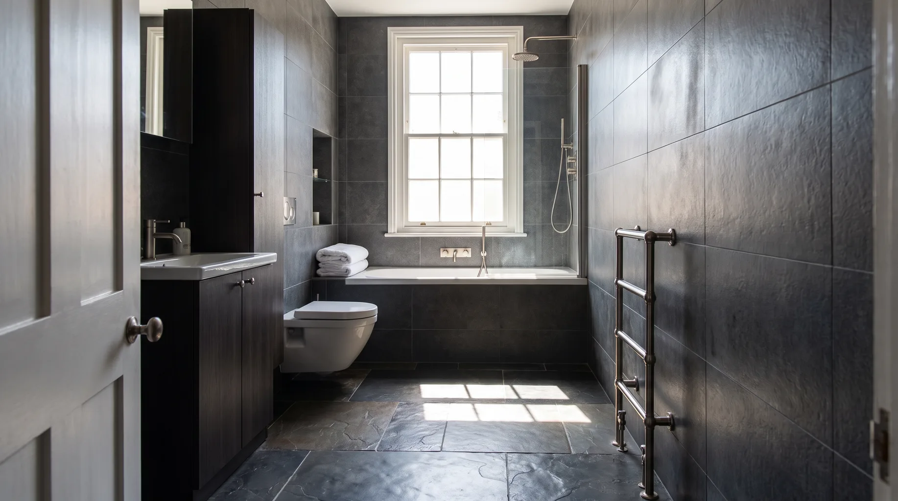 A finished Windsor town house bathroom with dark basalt floor tiles, anthracite wall tiling and brushed nickel fittings beneath a tall sash window in bright midday light.