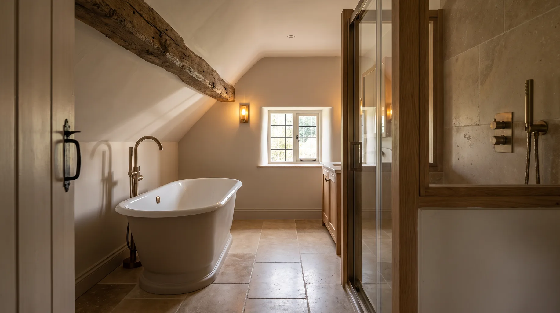 A finished Winkfield cottage bathroom with a freestanding bath beneath a low beamed ceiling, honed limestone floor and brushed bronze fittings, soft afternoon daylight.