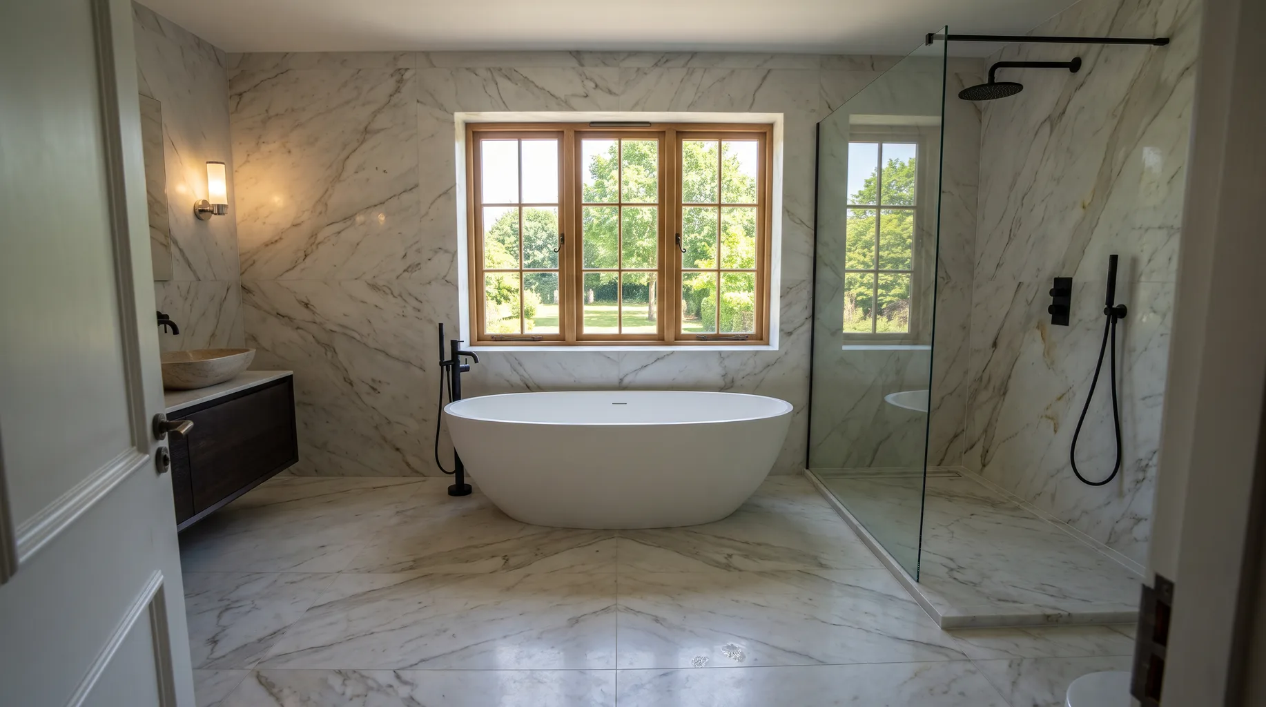 A finished Winkfield Row bathroom with a freestanding bath beneath a wide window and a separate walk-in shower, Calacatta marble floor and matte black fittings, under bright midday light.