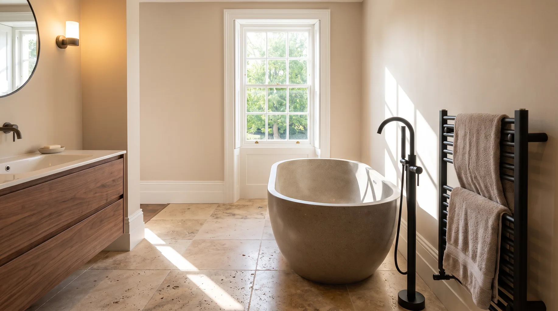 Finished Wokingham townhouse bathroom with a freestanding stone-composite bath beneath a sash window, honed travertine flooring and a matte black bath filler