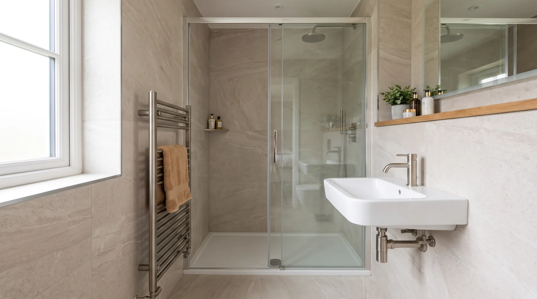 Finished luxury en-suite shower room with glass enclosure and heated towel rail