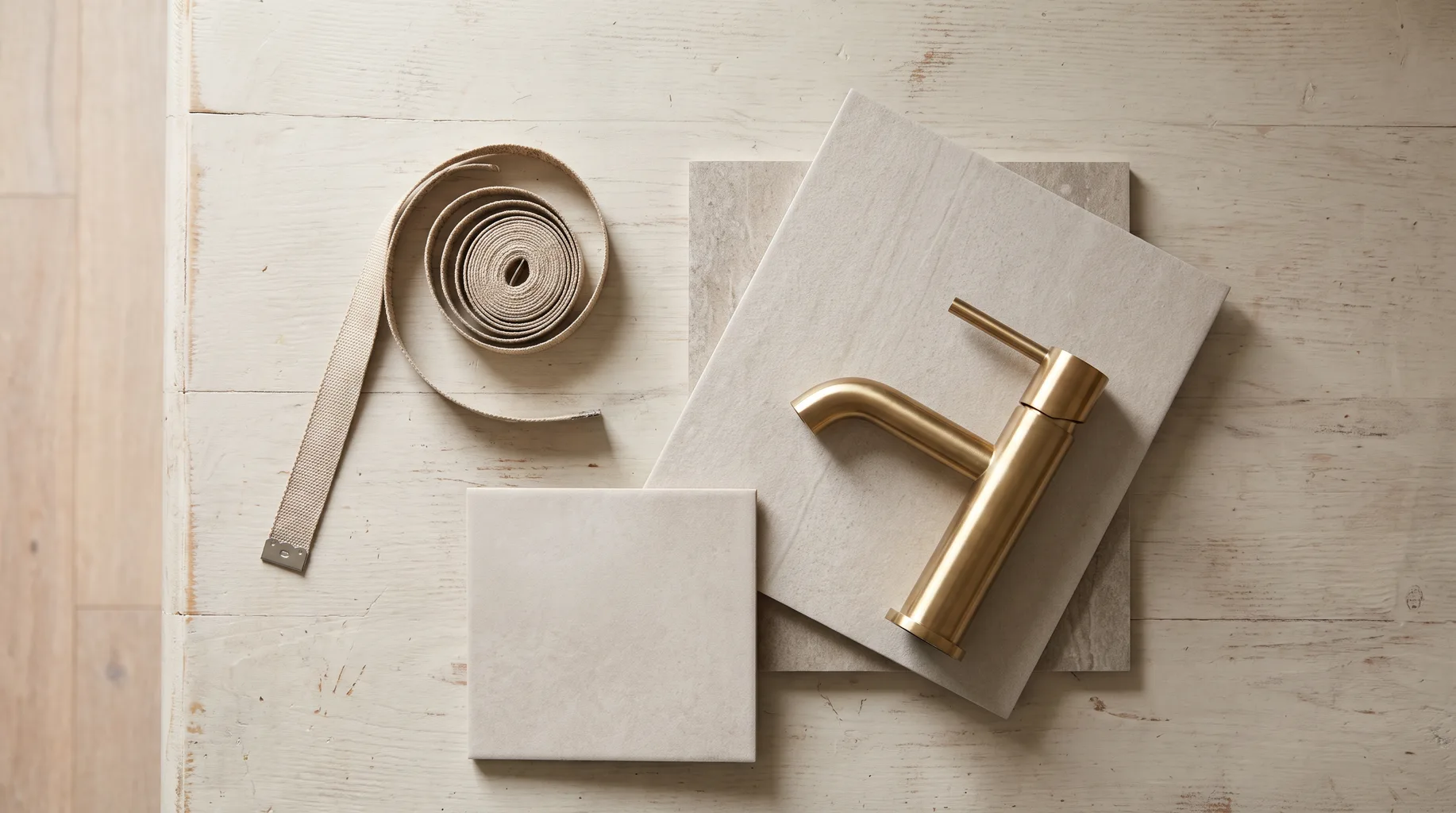 Overhead flatlay of a tape measure, tile samples and a brass tap sample for bathroom planning