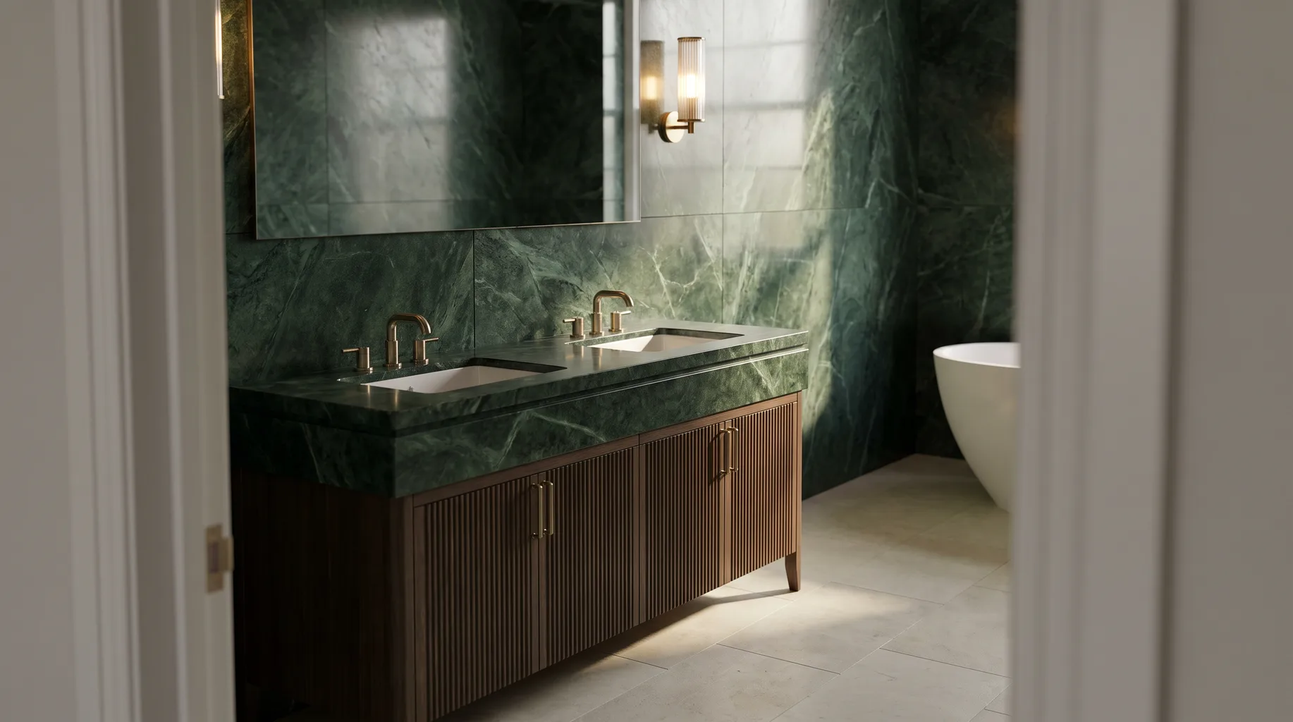 Finished double vanity unit with inset basins in deep green marble and brushed brass fittings