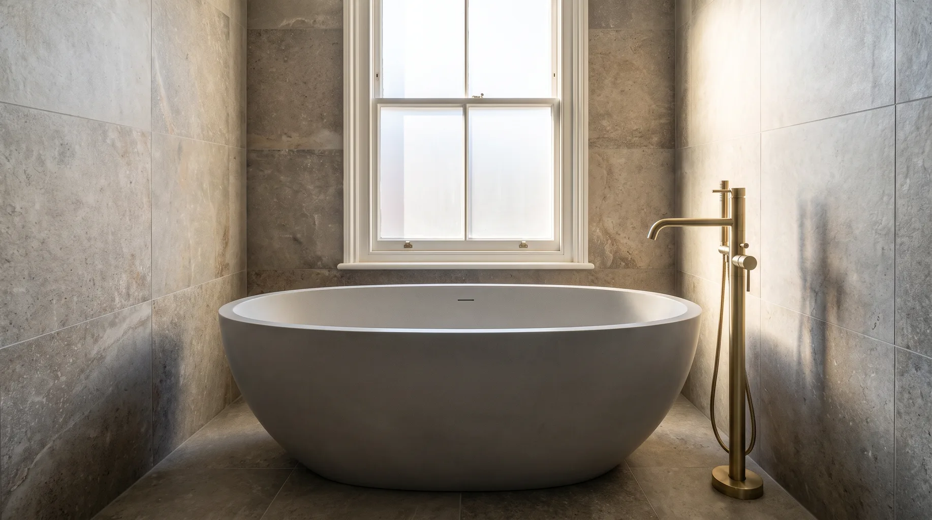 Luxury stone-grey bathroom with a freestanding stone-resin bath beneath a window