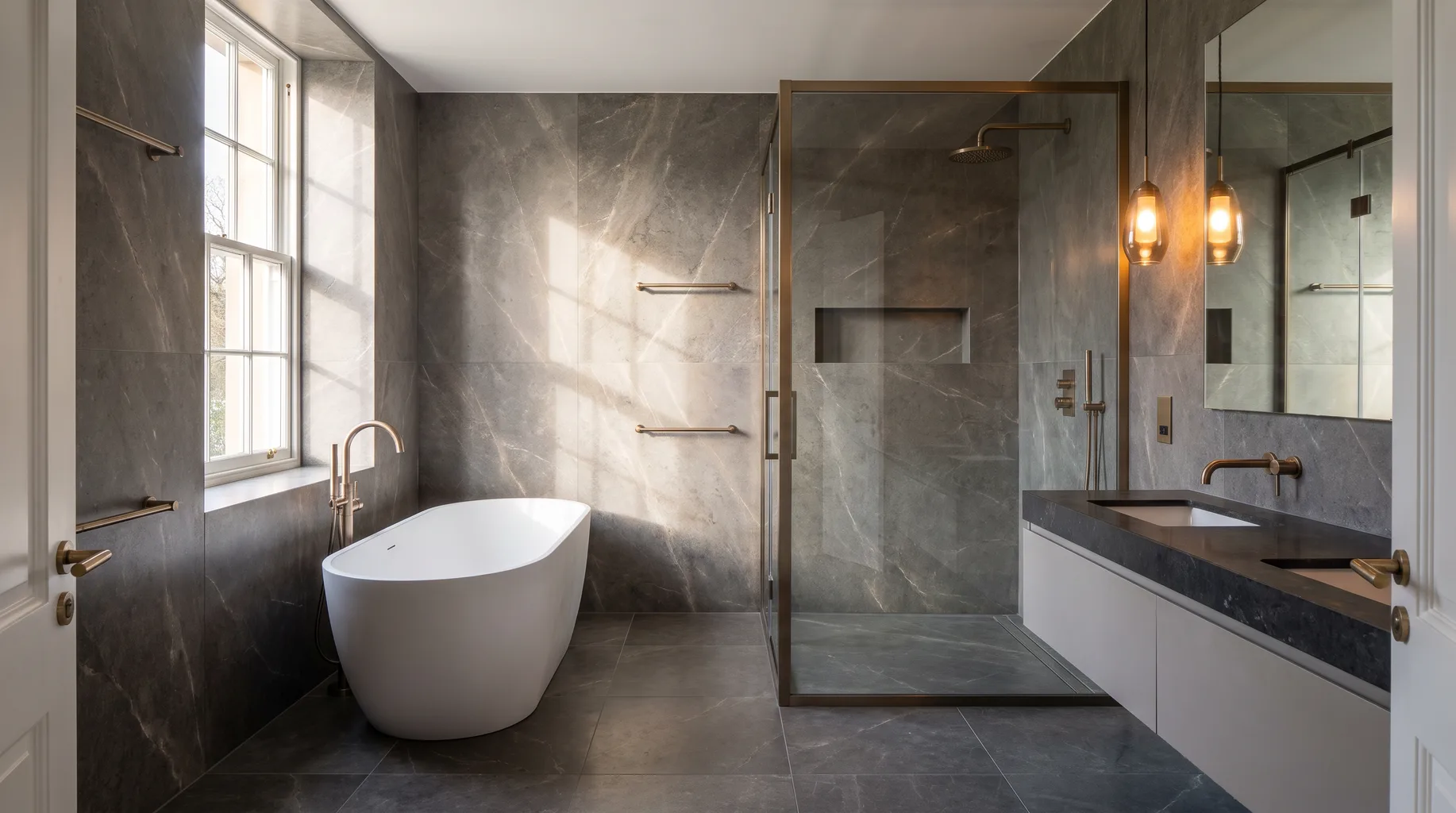 Luxury dark grey stone bathroom with a freestanding bath, walk-in shower and double vanity