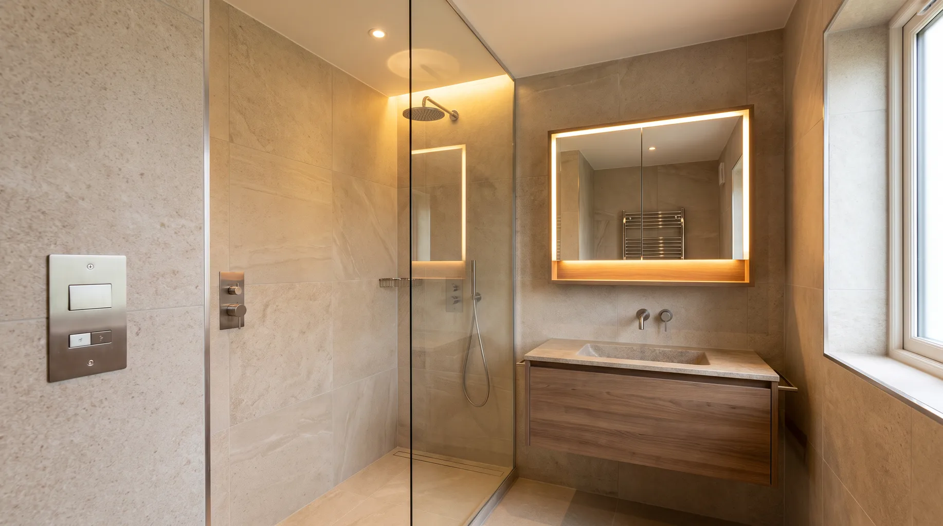 Finished walk-in shower with a correctly zoned recessed downlight above it and an illuminated mirror positioned clear of the wet area