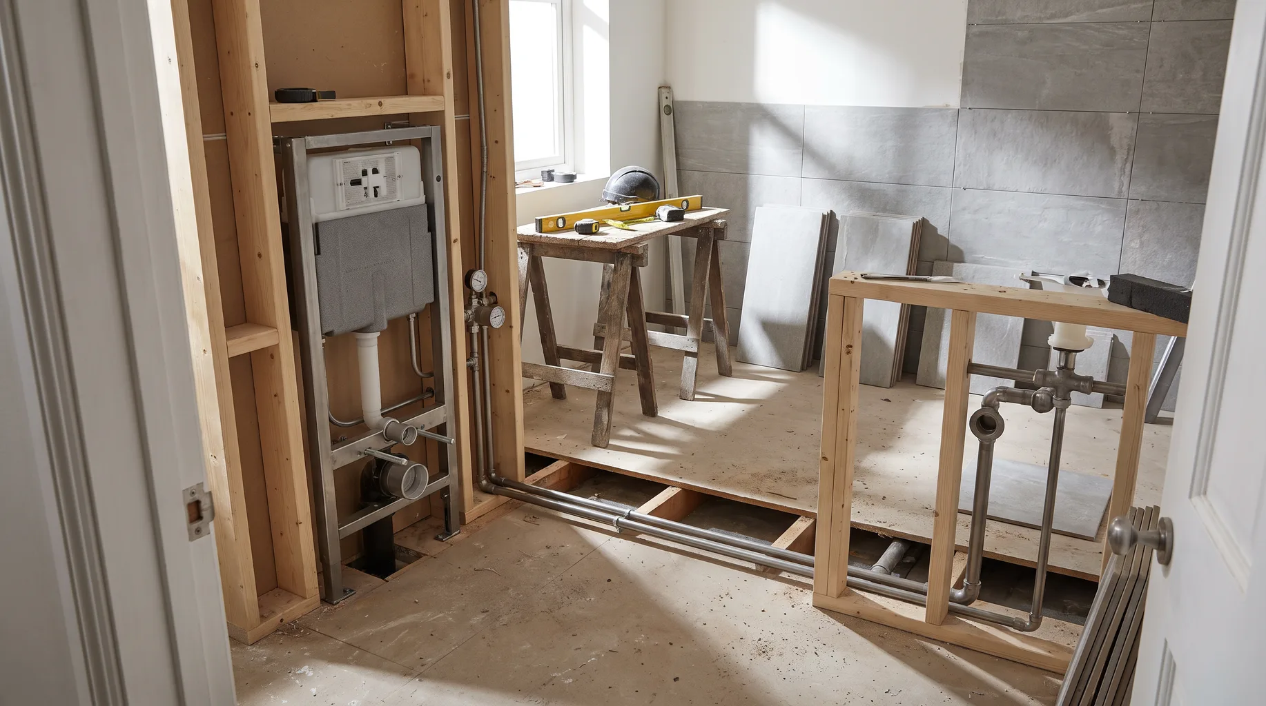 First-fix bathroom plumbing with concealed cistern frame, copper pipework and stacked stone tiles ready for fitting