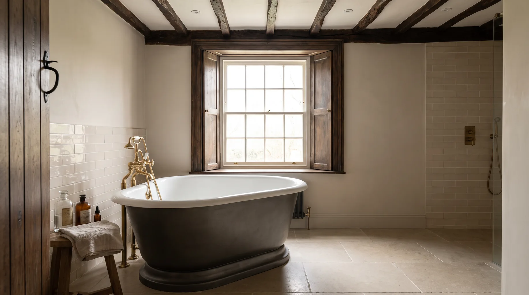 Period property bathroom with a sash window, exposed beams and a freestanding roll-top bath on a honed stone floor