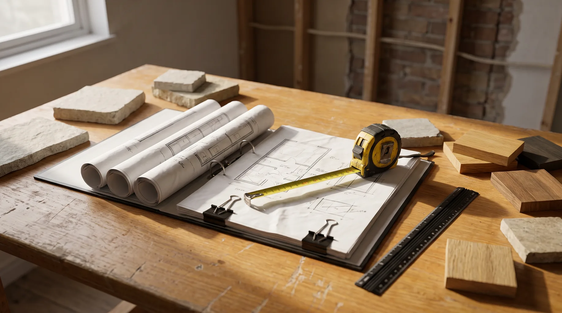 Bathroom renovation planning table with floor plans, a tape measure and stone and timber samples laid out for review