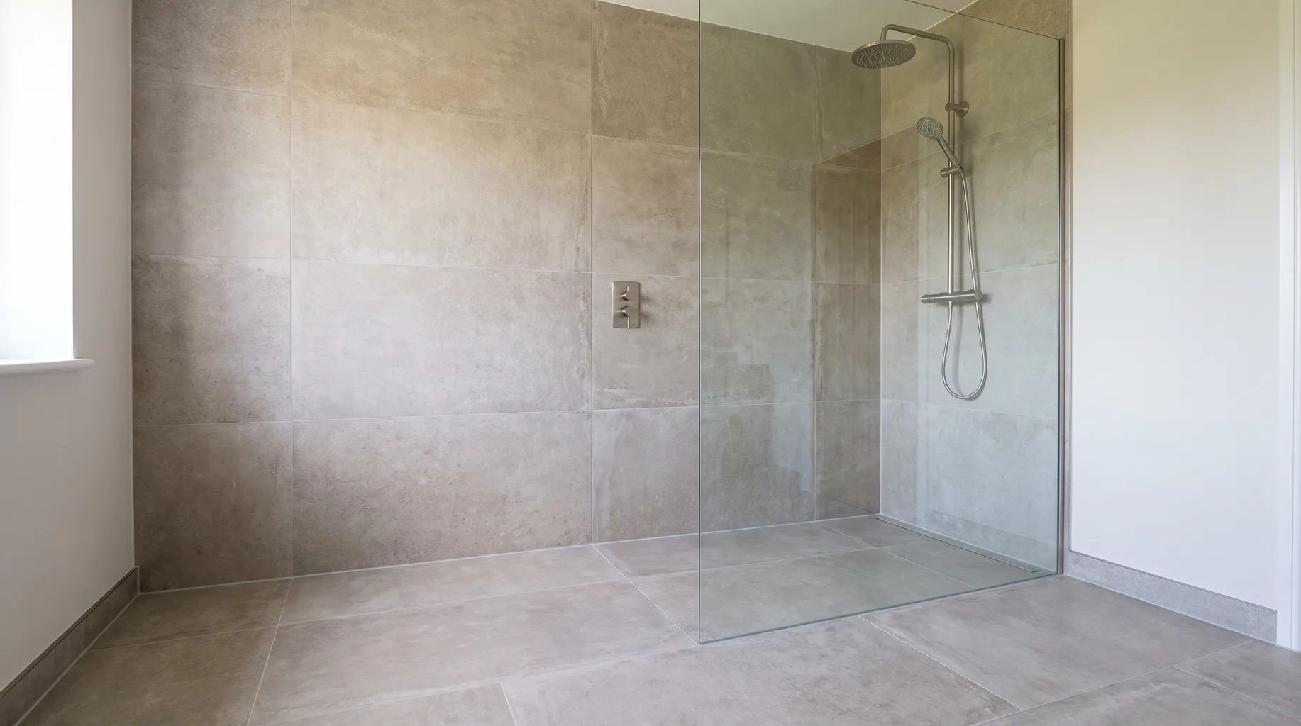 Finished luxury shower enclosure within a wet room, tiled floor to ceiling, representing the invisible tanking standard beneath a dry, finished room
