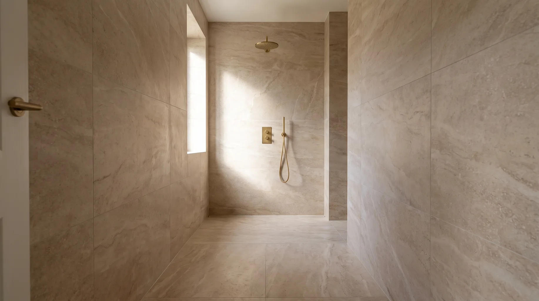 Finished luxury bathroom clad in large-format travertine-toned porcelain tiling with a seamless walk-in shower zone