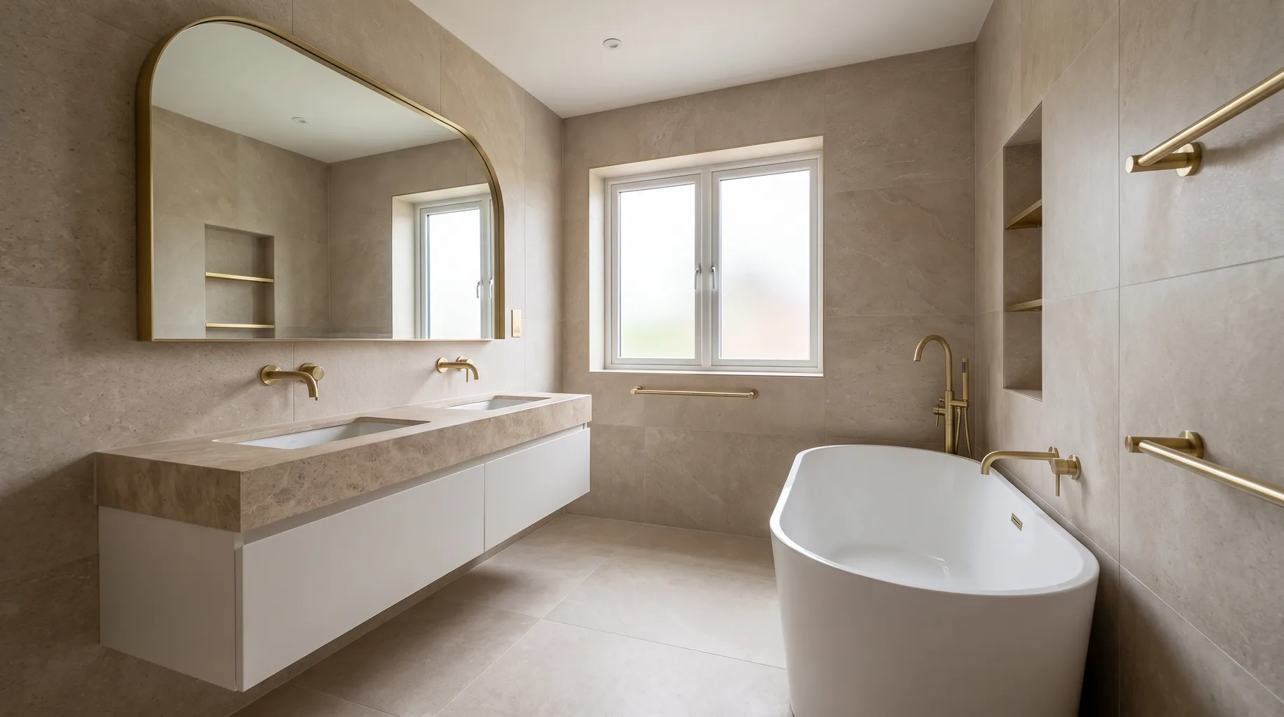 Finished luxury family bathroom with freestanding bath and wall-hung vanity unit, built from a carefully specified client-supplied order