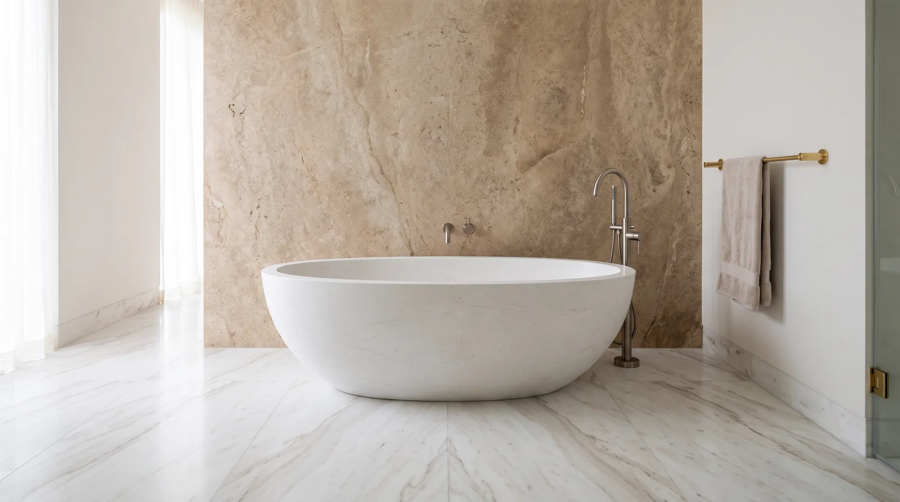 Finished luxury bathroom with a honed travertine feature wall behind a freestanding bath and veined marble floor