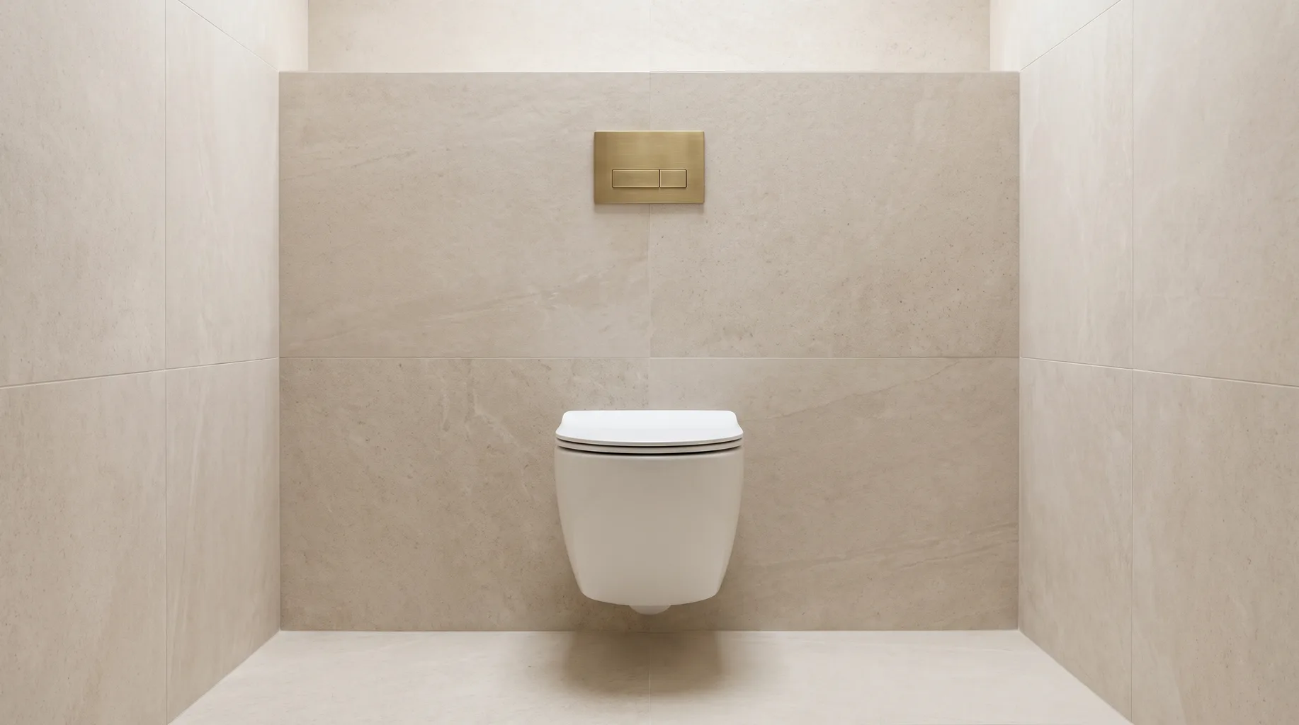 Finished luxury cloakroom with a wall-hung WC and brushed brass flush plate set into an unbroken run of large format tiling
