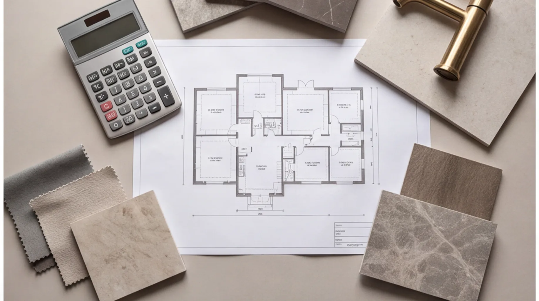 Flatlay planning scene for a bathroom installation cost guide with swatches and a floor plan