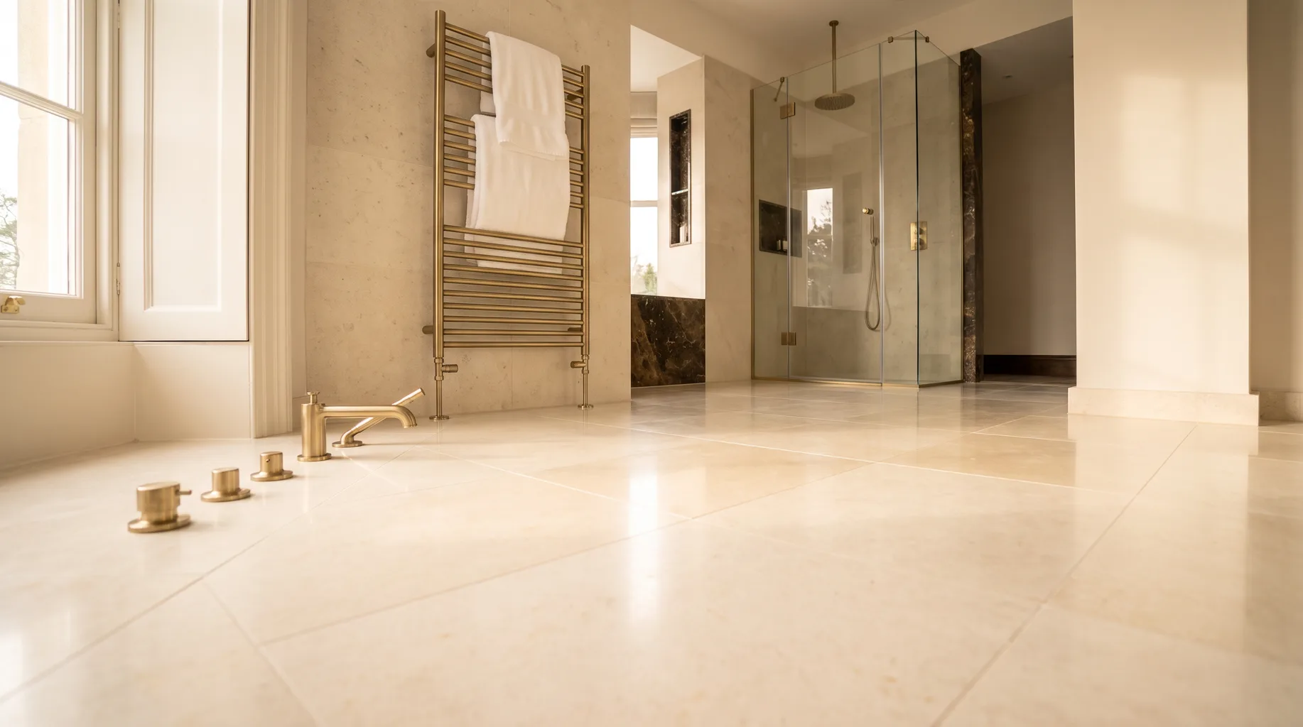 Finished luxury bathroom with large format porcelain floor and heated towel radiator, underfloor heating beneath