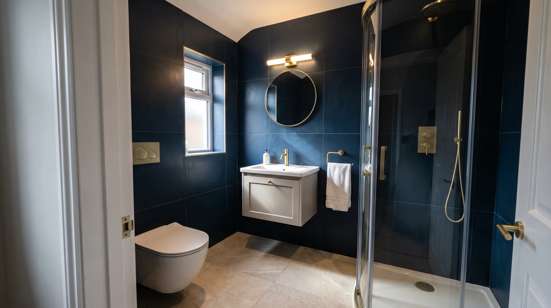 Compact luxury en-suite bathroom with navy stone tiling, a vanity basin and brushed brass fittings