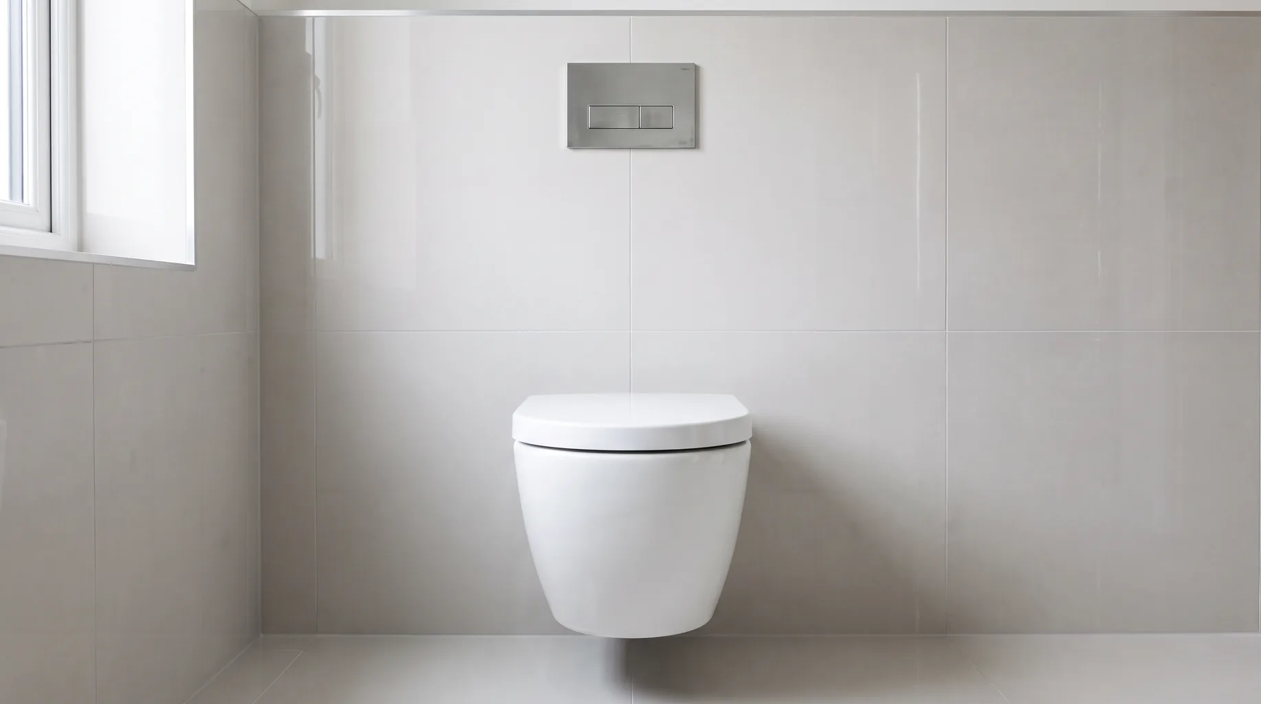 Finished wall-hung WC with a dual-flush plate set into large-format porcelain tiling