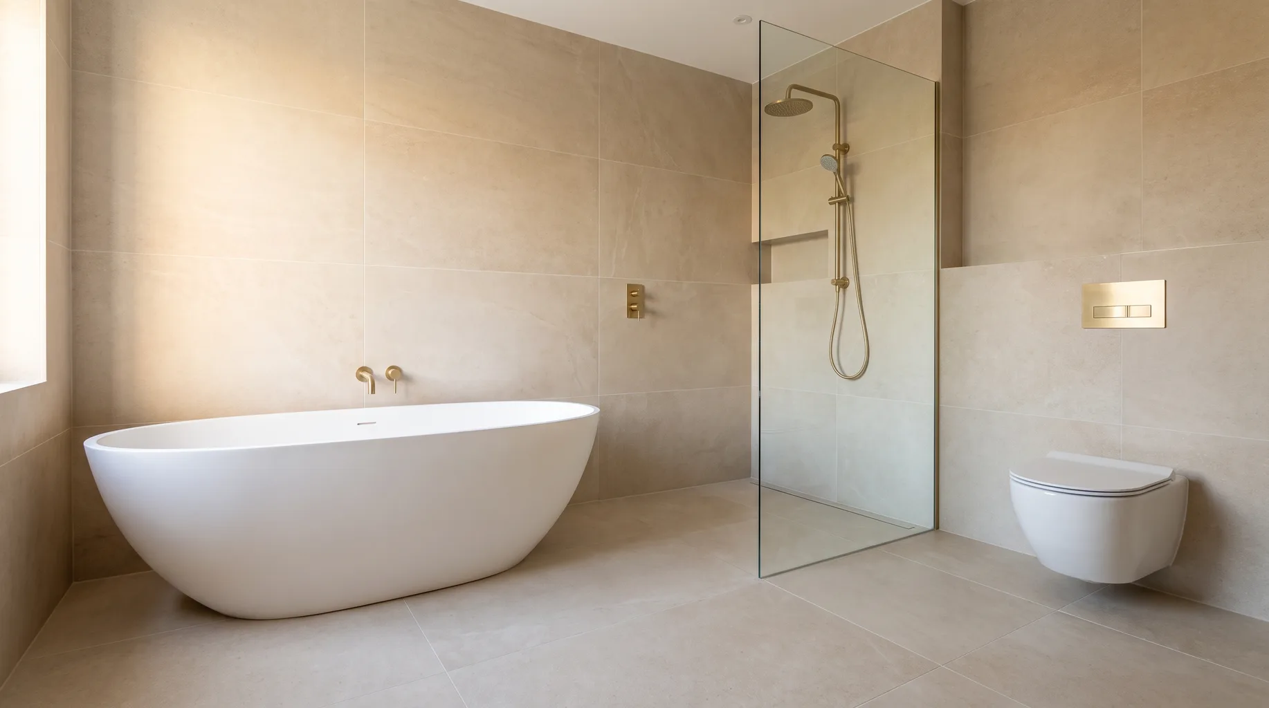 Finished luxury family bathroom with large format porcelain tiling, freestanding bath and walk-in shower, representing the end result of a well-programmed installation